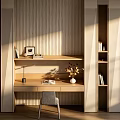 Modern Wooden Bookcase With Desk Table Lamp Photo Frame Books And Vase Flowers
