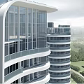 Modern Curved High Rise Building With Balconies Pedestrian Walkway And Green Trees