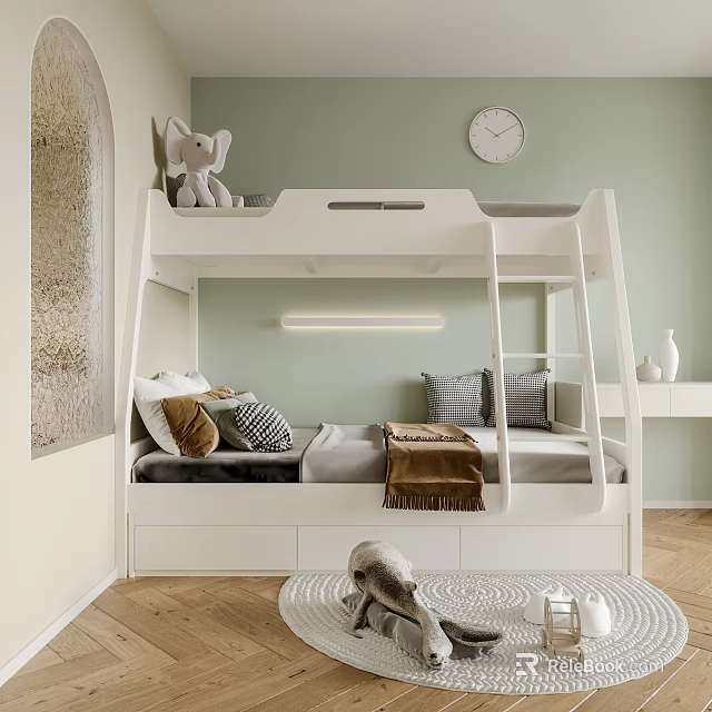 White Bunk Bed with Storage Drawers Stuffed Toys and Pillows in Light Green Room 3d model 