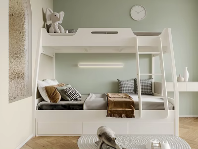 White Bunk Bed with Storage Drawers Stuffed Toys and Pillows in Light Green Room 3d model