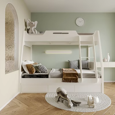 White Bunk Bed with Storage Drawers Stuffed Toys and Pillows in Light Green Room 3d model