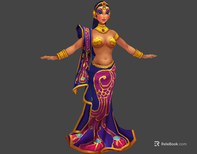 Elegant Female Character in Purple Gold Sari with Golden Jewelry and Peacock Bird Companion 3d model 