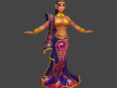 Elegant Female Character in Purple Gold Sari with Golden Jewelry and Peacock Bird Companion 3d model