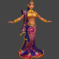 Elegant Female Character in Purple Gold Sari with Golden Jewelry and Peacock Bird Companion