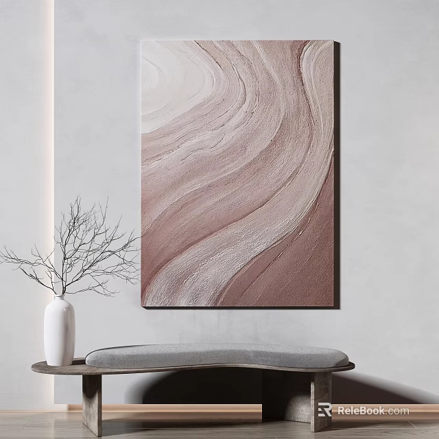 Abstract Pink White Wave Pattern Wall Art With White Vase And Gray Bench 3d model