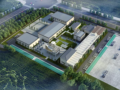 Aerial View Planning of Modern Building Complex With Greenery Parking and Roads 3d model
