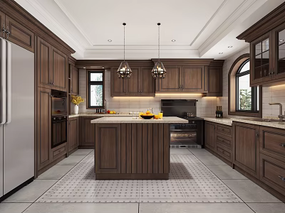 Modern Kitchen Interior Design With Wooden Cabinets Island Counter And Pendant Lights 3d model