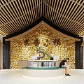 Book Art Inspired Reception Design With Wooden Structure And Stone Wall