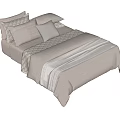 Light Colored Double Bed With Multiple Pillows Quilted Texture And Striped Bedspread 3d model
