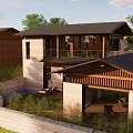 Modern Detached Villa With Wooden Exterior Black Roof Garden Terrace And Water Feature