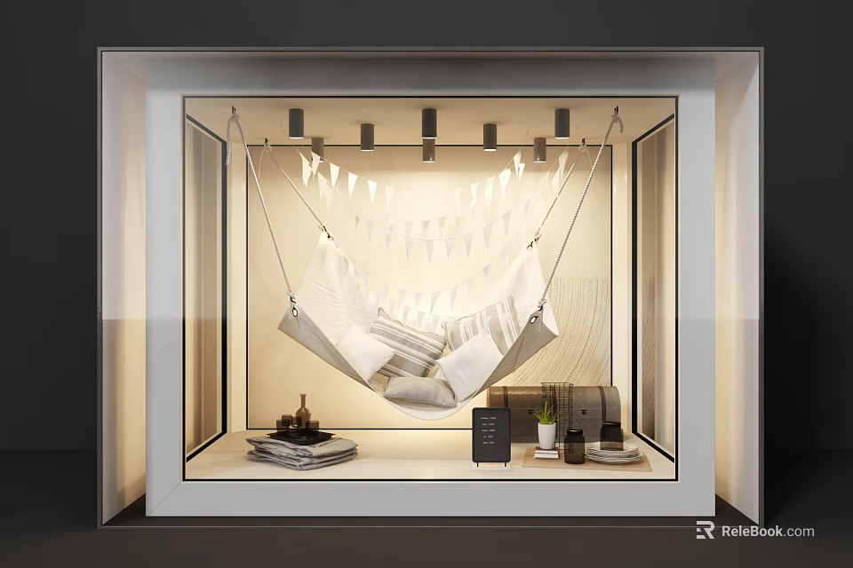 Cozy Hammock Display With String Lights Pillows And Decorative Elements In Window 3d model 