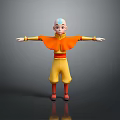 Bald Head Child With Orange Cape Yellow Pants And Red Shoes Standing With Arms Outstretched