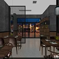 Modern Restaurant Interior With Brick Wall Wooden Planters Lantern Style Lights And Dining Tables Chairs