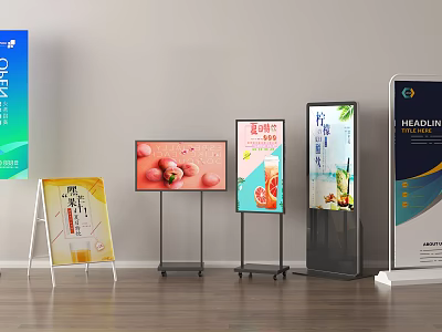 Various Advertising Billboards with Fruit and Drink Posters in Indoor Display Setup 3d model