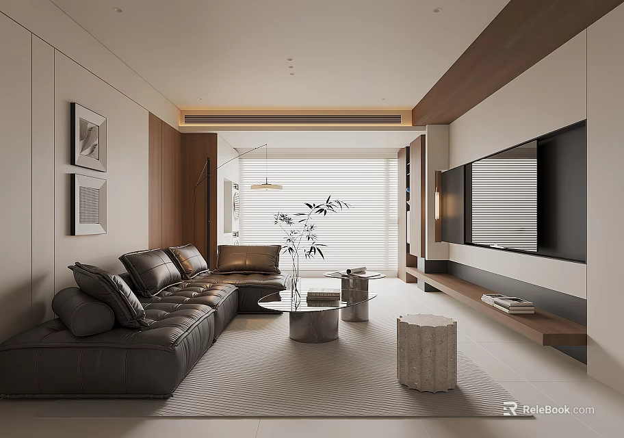 Modern Minimalist Living Room With Dark Leather Sofa And Warm Wood Accent Interior Design 3d model 