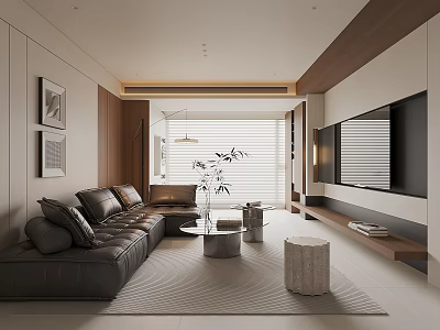 Modern Minimalist Living Room With Dark Leather Sofa And Warm Wood Accent Interior Design 3d model
