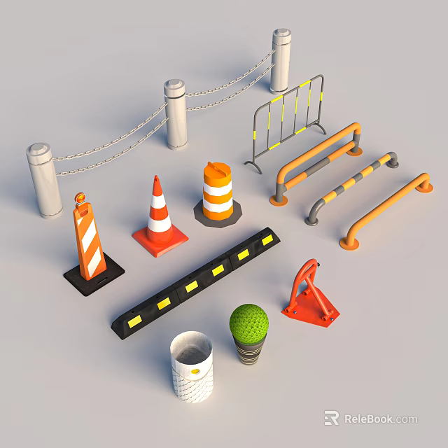 Urban Public Facilities With Traffic Cones Speed Bumps Guard Rails Road Barriers And Parking Locks 3d model 