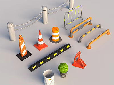 Urban Public Facilities With Traffic Cones Speed Bumps Guard Rails Road Barriers And Parking Locks 3d model