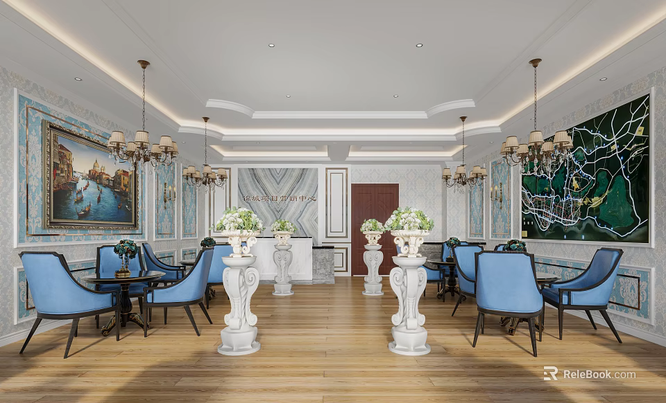 Elegant Lounge Area with Blue Chairs White Columns and Chandeliers Mural Art and Wooden Flooring 3d model 