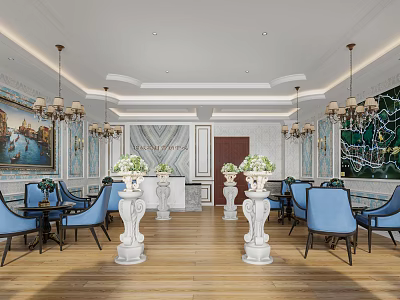 Elegant Lounge Area with Blue Chairs White Columns and Chandeliers Mural Art and Wooden Flooring 3d model