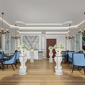 Elegant Lounge Area with Blue Chairs White Columns and Chandeliers Mural Art and Wooden Flooring