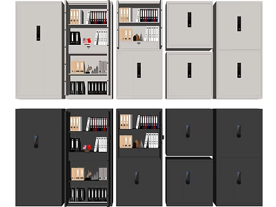 White And Black Bookcase Storage With Cabinet Doors And Organized Books Folders 3d model