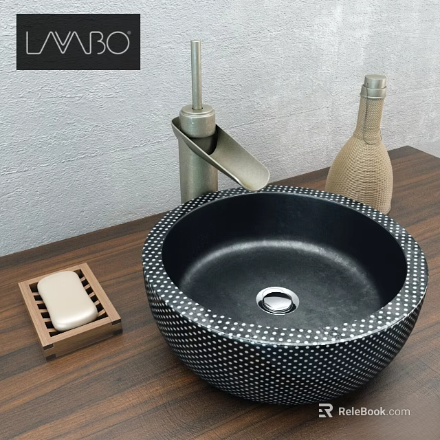 Black Textured Vessel Sink on Wooden Countertop with Soap Dish and Faucet 3d model 