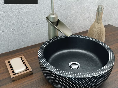 Black Textured Vessel Sink on Wooden Countertop with Soap Dish and Faucet 3d model