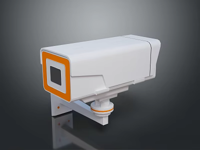 White Security Camera With Orange Border Square Lens And Mounting Bracket 3d model