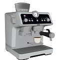 Smart Black Coffee Machine With Transparent Bean Hopper Control Panel And White Cup Brewing Coffee