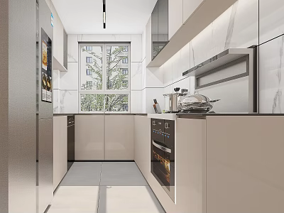 Modern Kitchen Interior With White Cabinets Built In Oven Refrigerator And Natural Light 3d model