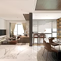 Modern Dining and Living Room Interior With Sofa Coffee Table Dining Table And Marble Wall Decor