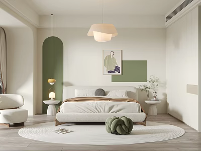 Modern Bedroom Interior With Green Accent Wall White Bed Frame And Round Rug 3d model