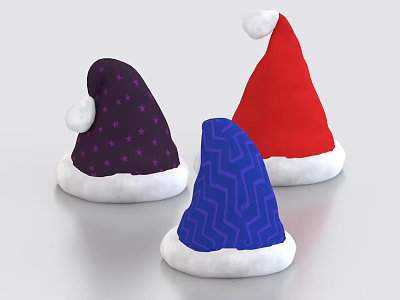 Festive Santa Hats with Purple Stars Blue Zigzag and Red Design White Trim Pom Poms 3d model