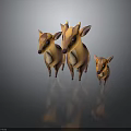 Three Cute Cartoon 3D Model Deer With Brown Fur And Pink Ears On Dark Background