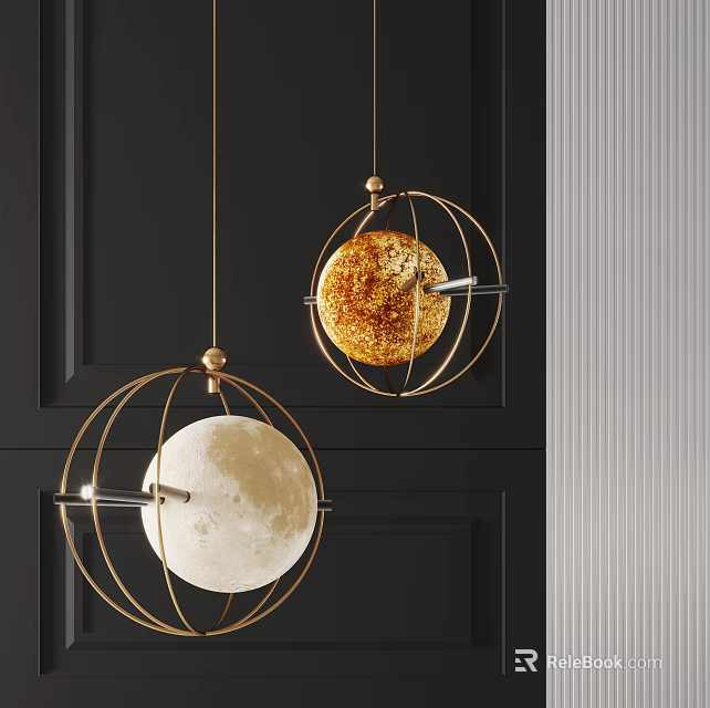Modern Spherical Chandeliers With Metal Frame Moon And Sun Design On Dark Background 3d model 