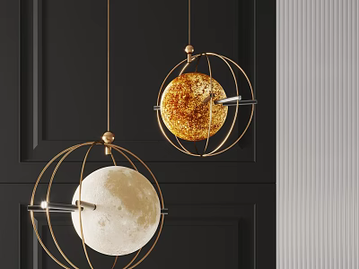 Modern Spherical Chandeliers With Metal Frame Moon And Sun Design On Dark Background 3d model