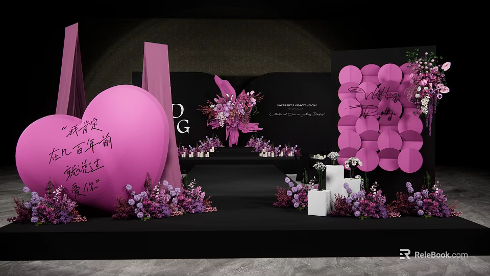 Elegant Banquet Hall With Purple Pink Floral Decorations And Geometric Backdrop Setup 3d model 