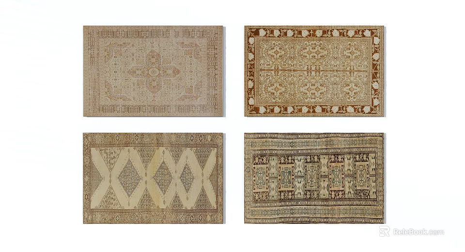 Square Rugs Showcasing Four Different Traditional Patterns And Vintage Styles 3d model
