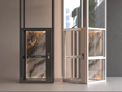 Sleek Modern Elevator Interior Design With Glass Doors And Decorative Panels 3d model