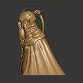 Old Man Bearded Golden Statue With Cloak Holding Staff Shiny Surface On Dark Background