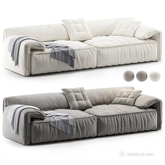 Light and Grey Two-Seater Sofa with Plush Cushions and Throw Blanket Options 3d model 