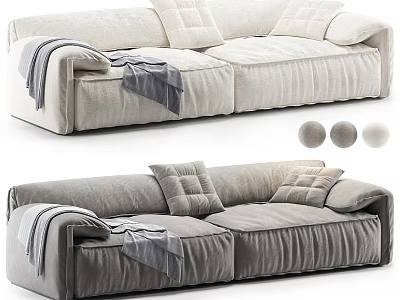 Light and Grey Two-Seater Sofa with Plush Cushions and Throw Blanket Options 3d model