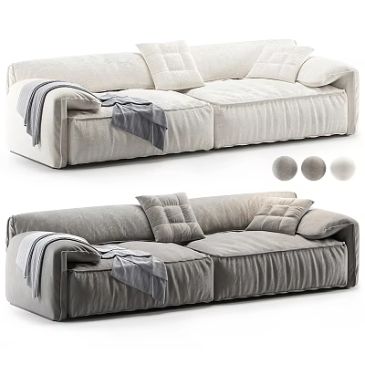 Light and Grey Two-Seater Sofa with Plush Cushions and Throw Blanket Options 3d model
