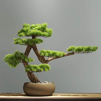 Artistic Bonsai Tree with Curved Branches and Green Foliage in Ceramic Pot 3d model