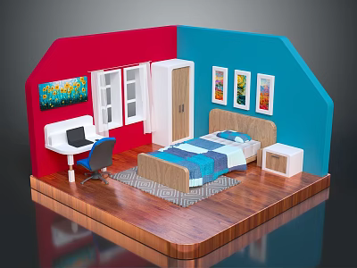 Red Blue Walls Room Interior With Wooden Bed Desk Chair And Artwork 3d model