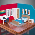 Red Blue Walls Room Interior With Wooden Bed Desk Chair And Artwork