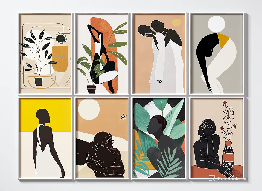 Modern Art Prints With Plant Silhouettes Geometric Shapes And Leaf Patterns 3d model 