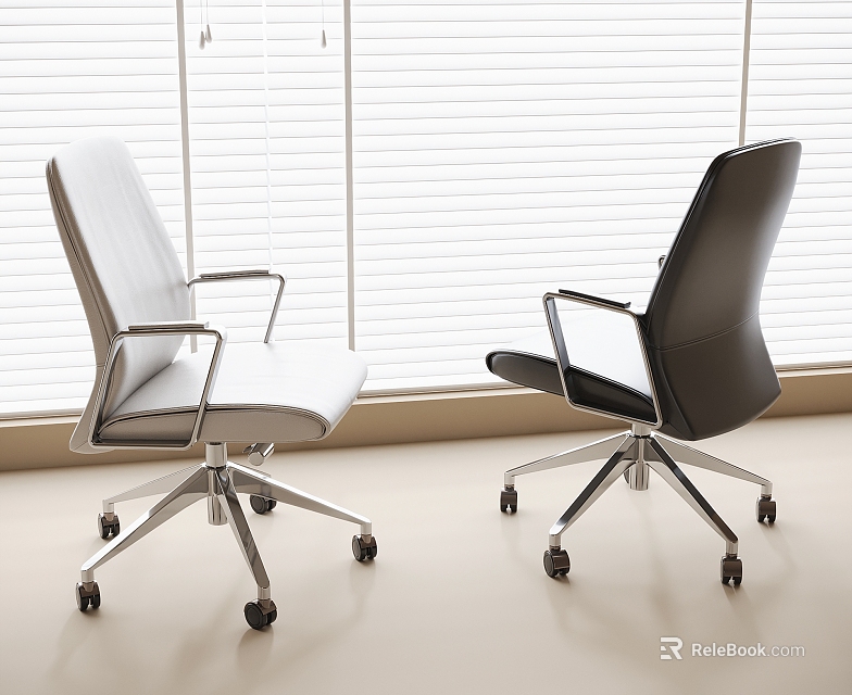Modern White and Black Office Chairs with Metal Base Armrests and Wheels 3d model 