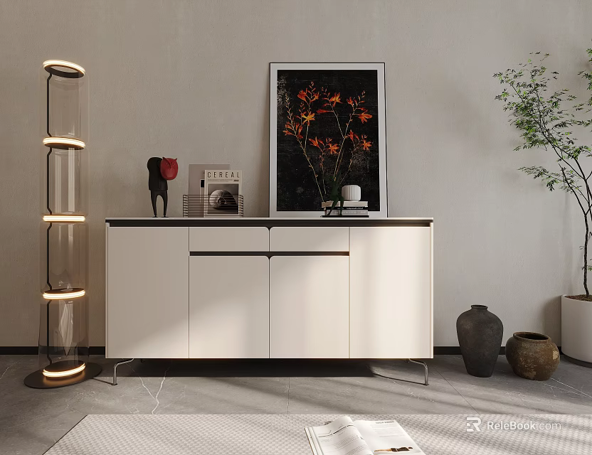 Modern White Entryway Side Cabinet With Artwork Potted Plant and Decorative Storage 3d model